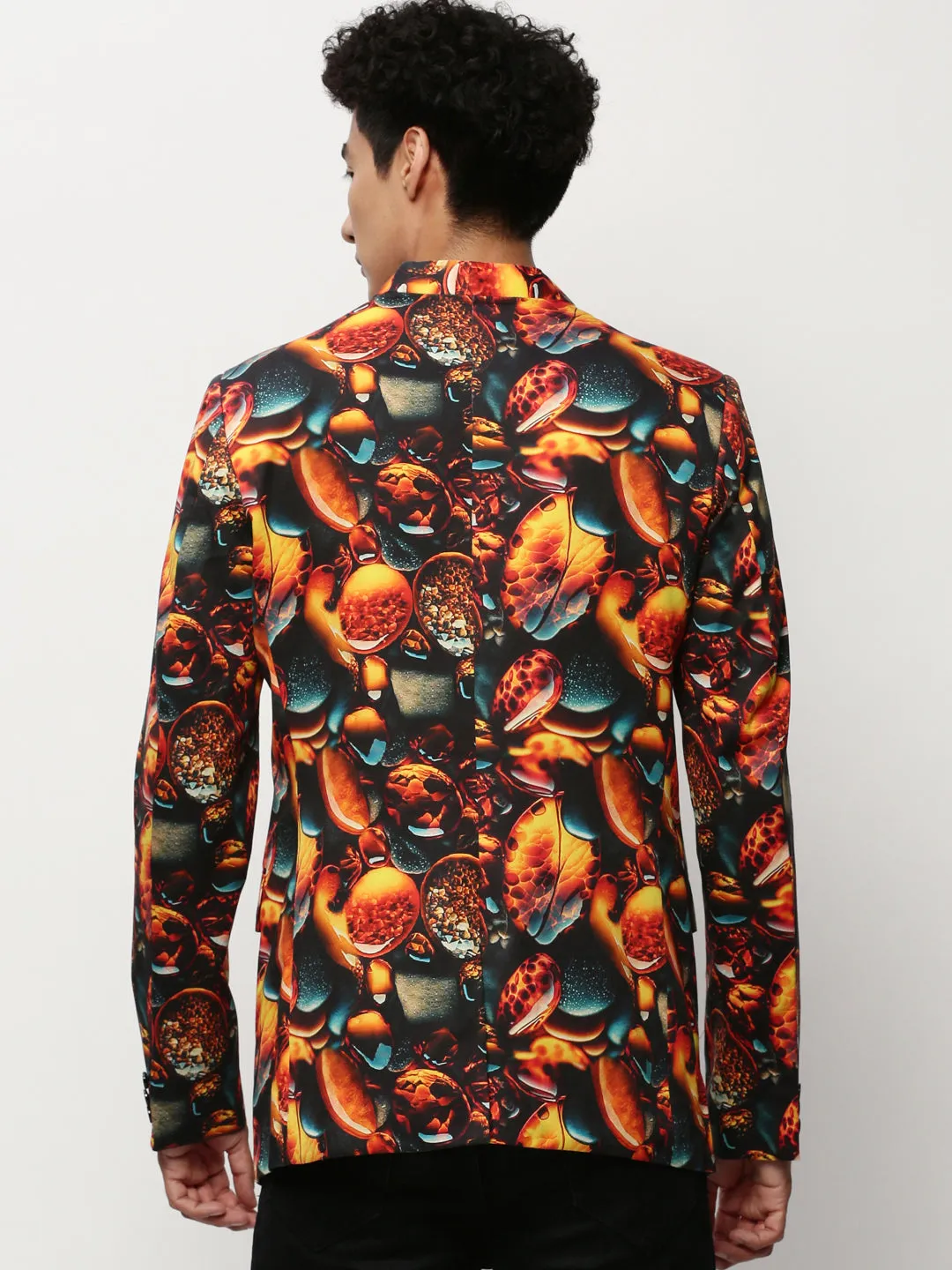 Men Orange Printed Slim-Fit Cotton Bandhgala Blazer