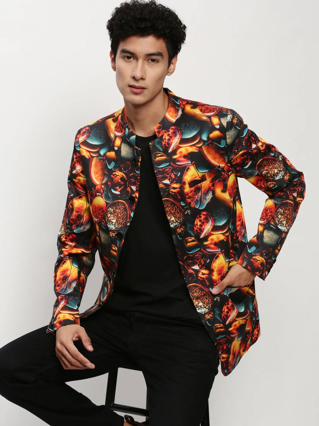 Men Orange Printed Slim-Fit Cotton Bandhgala Blazer