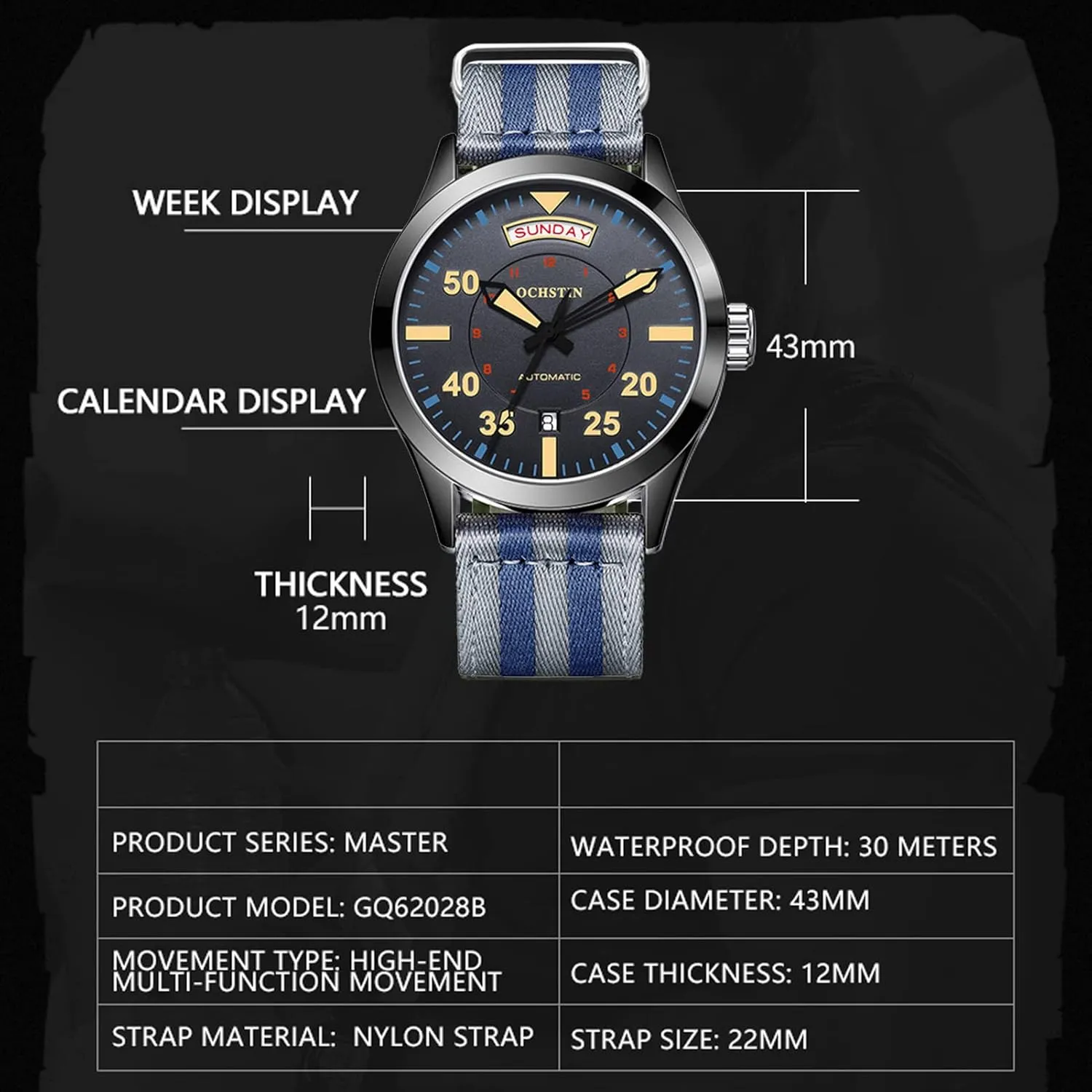 Men Watch Fashion Automatic Watch for Mens Analogue Date Display Business Mechanical Watches Waterproof Casual Nylon Strap