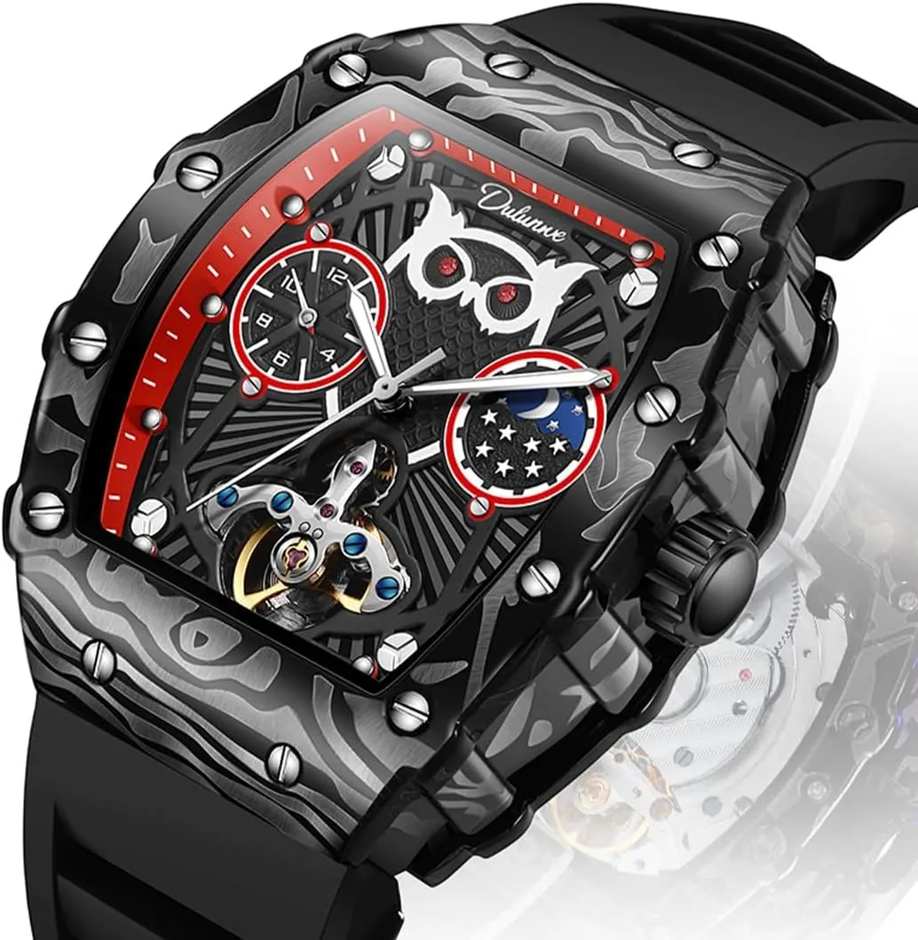 Men's Fully Automatic Mechanical Watch, Tourbillon Hollow Chronograph, Moon Phase Window Display, Wine Barrel Shaped Dial, Waterproof Luminous Men's Watch