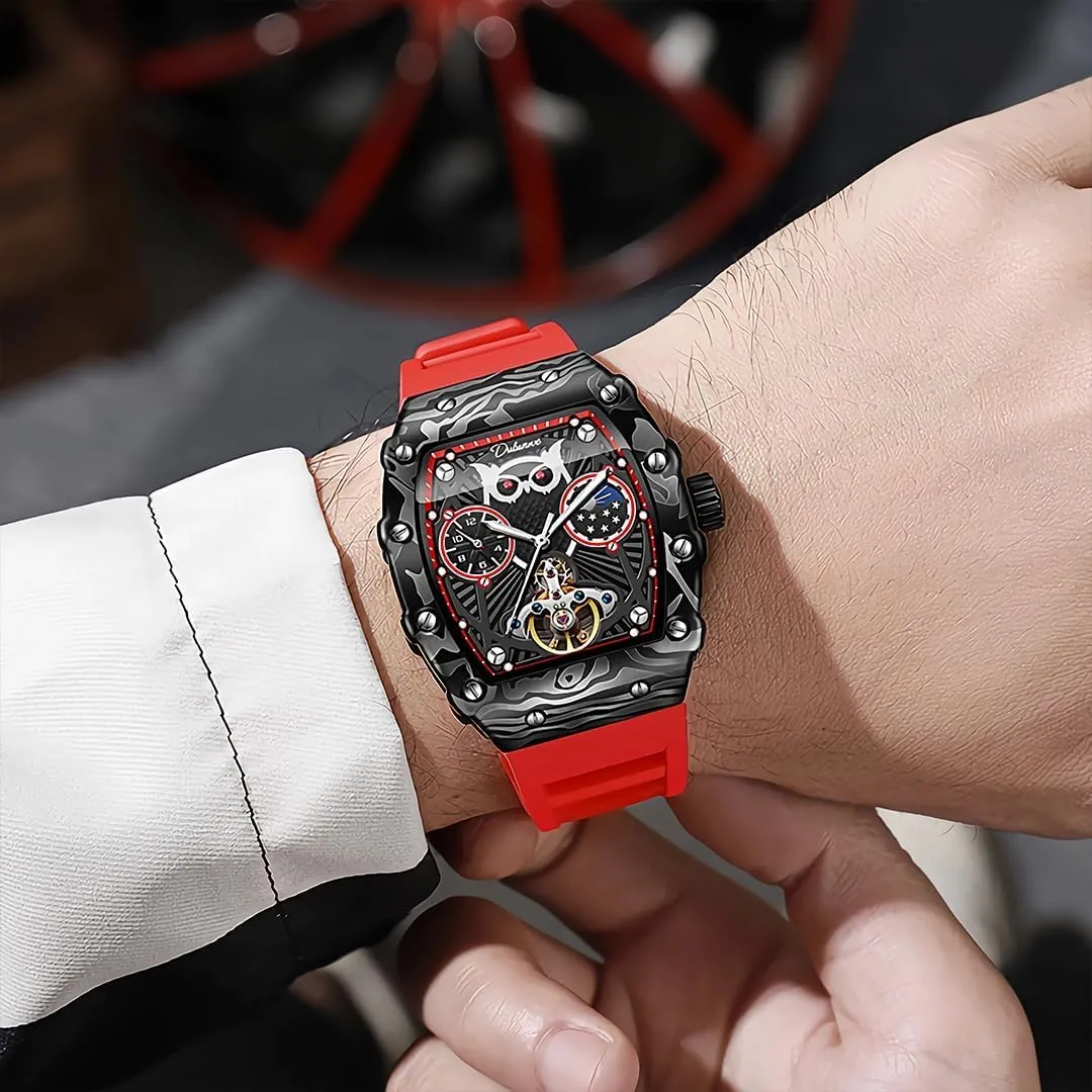 Men's Fully Automatic Mechanical Watch, Tourbillon Hollow Chronograph, Moon Phase Window Display, Wine Barrel Shaped Dial, Waterproof Luminous Men's Watch