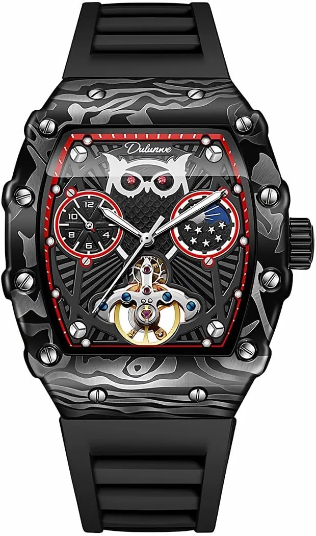 Men's Fully Automatic Mechanical Watch, Tourbillon Hollow Chronograph, Moon Phase Window Display, Wine Barrel Shaped Dial, Waterproof Luminous Men's Watch