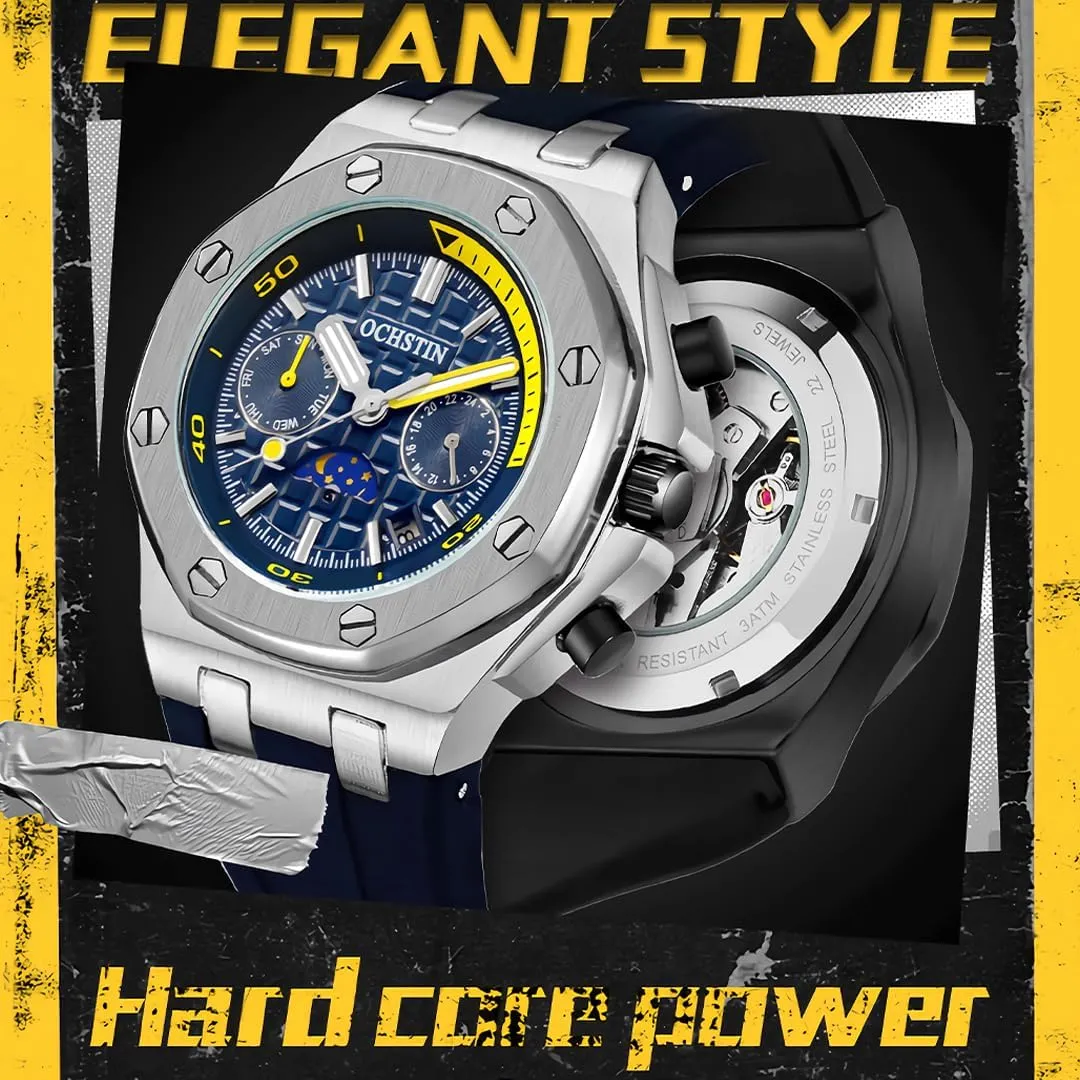 Men's Fully Automatic Mechanical Watch with Multifunctional Week Calendar Display, Waterproof Night Light Moon Phase Window Design, Men's Fashion Mechanical Watch, Student Sports Watch