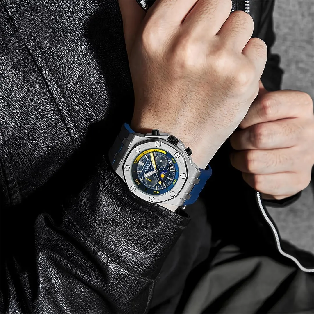 Men's Fully Automatic Mechanical Watch with Multifunctional Week Calendar Display, Waterproof Night Light Moon Phase Window Design, Men's Fashion Mechanical Watch, Student Sports Watch
