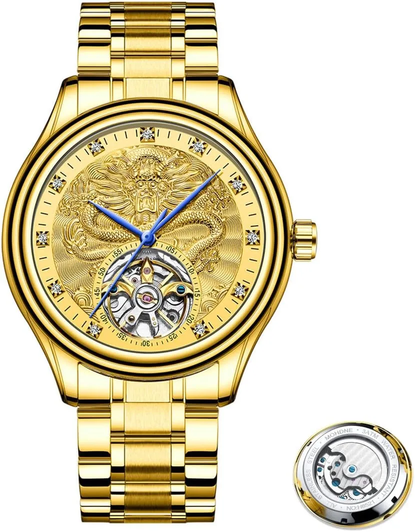 Men's Fully Automatic Mechanical Watch with Tourbillon Hollow Gold Dragon Dial, Luxurious Zirconium Diamond Inlaid Men's Business Watch, Fashionable Mechanical Watch