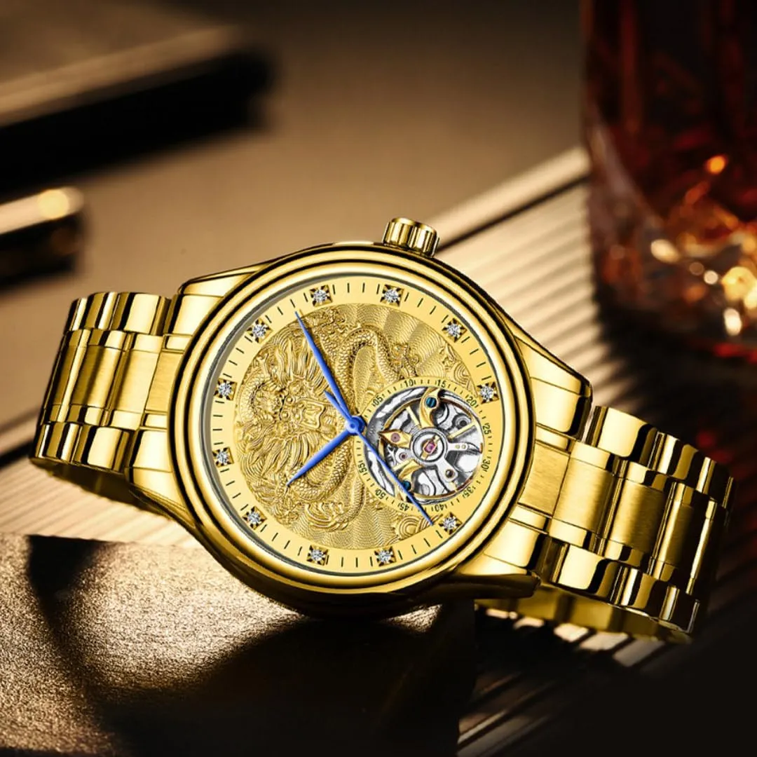 Men's Fully Automatic Mechanical Watch with Tourbillon Hollow Gold Dragon Dial, Luxurious Zirconium Diamond Inlaid Men's Business Watch, Fashionable Mechanical Watch
