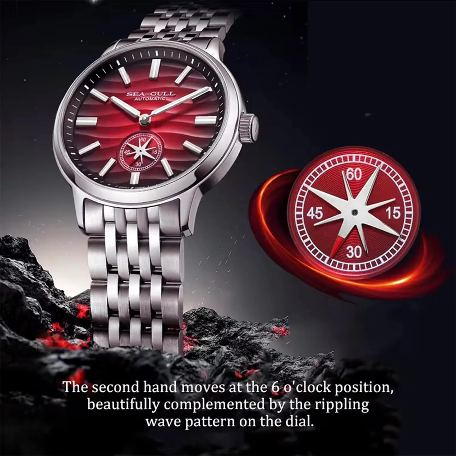 Mens Mechanical Watches,Natural Series,Automatic Wristwatch, Polaris Sub DialSeagull ST17, Luminous, 6180