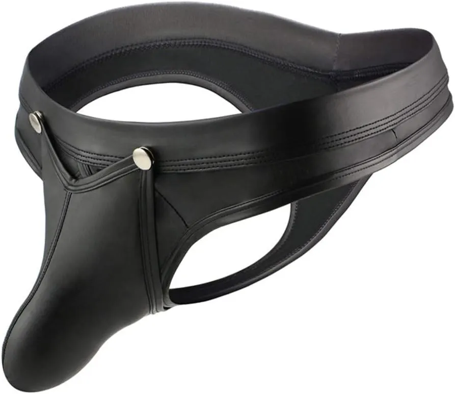 Men's Sexy Low Waisted Opening Imitation Leather Brief Comfortable Black Underwear Men