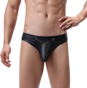 Men's Sexy Low Waisted Opening Imitation Leather Brief Comfortable Black Underwear Men