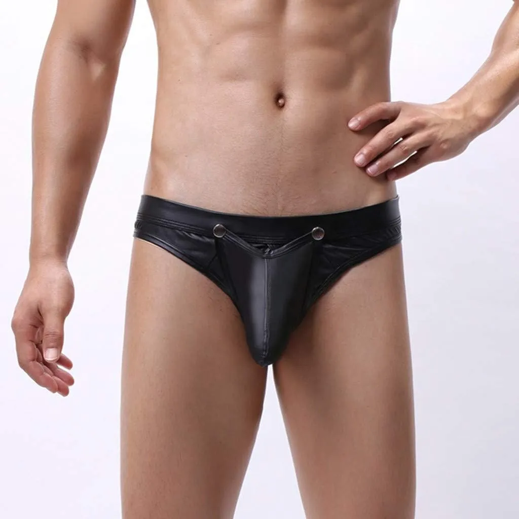 Men's Sexy Low Waisted Opening Imitation Leather Brief Comfortable Black Underwear Men