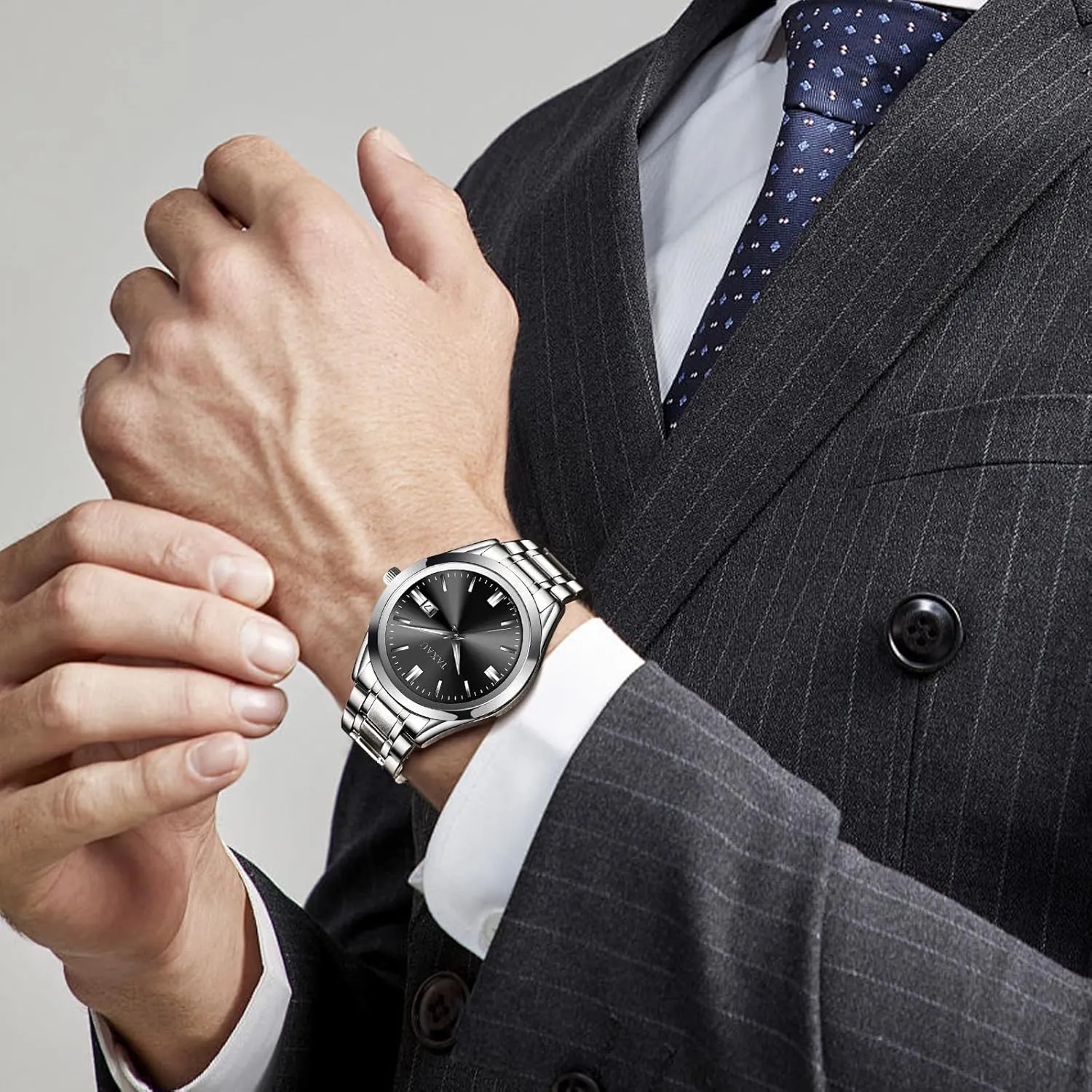 Mens Silver Watch Luxury Minimalist Dress Watch Waterproof Watches for Men Analog Quartz Stainless Steel Men's Wrist Watches with Date Luminous