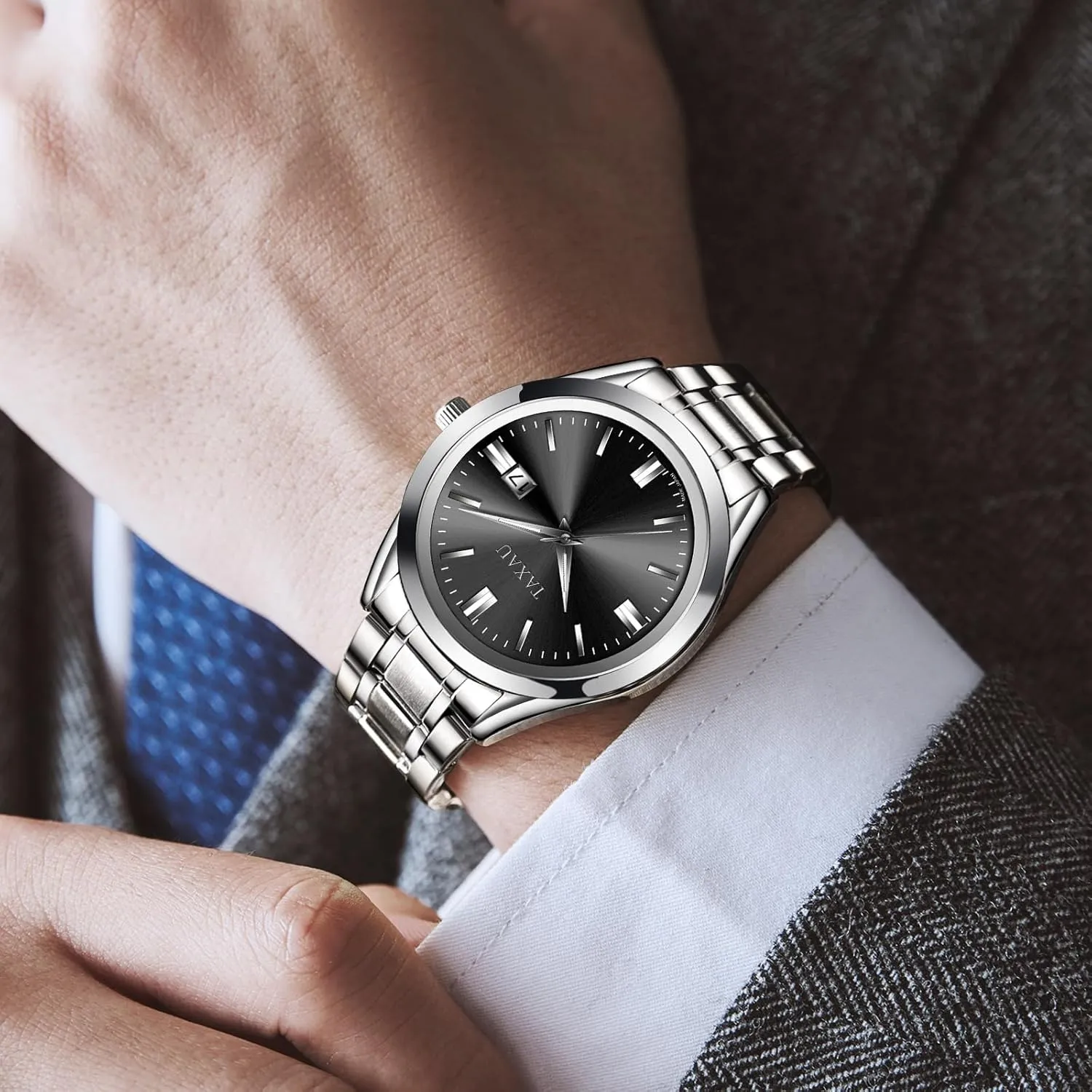 Mens Silver Watch Luxury Minimalist Dress Watch Waterproof Watches for Men Analog Quartz Stainless Steel Men's Wrist Watches with Date Luminous