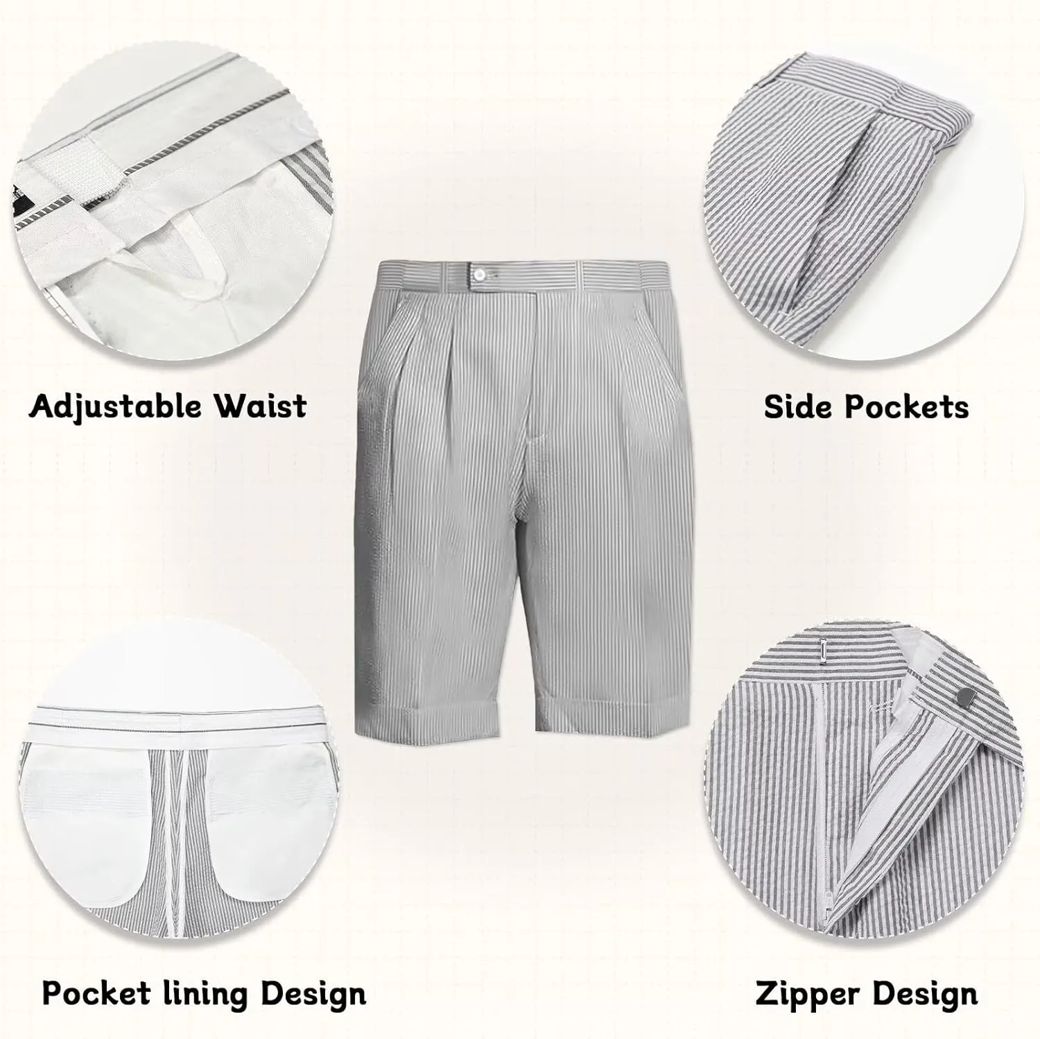 Mens Summer Seersucker Shorts Striped Slim Fit Flat Front Walk Chino Short Pants Sear Sucker Suit Flat Front Shorts