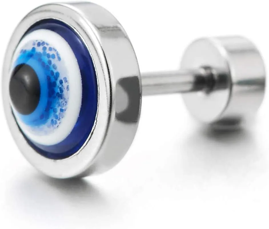 Mens Womens Stainless Steel Evil Eye Circle Stud Earrings with Resin, Screw Back, 2pcs