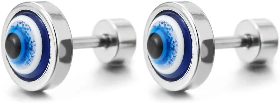Mens Womens Stainless Steel Evil Eye Circle Stud Earrings with Resin, Screw Back, 2pcs