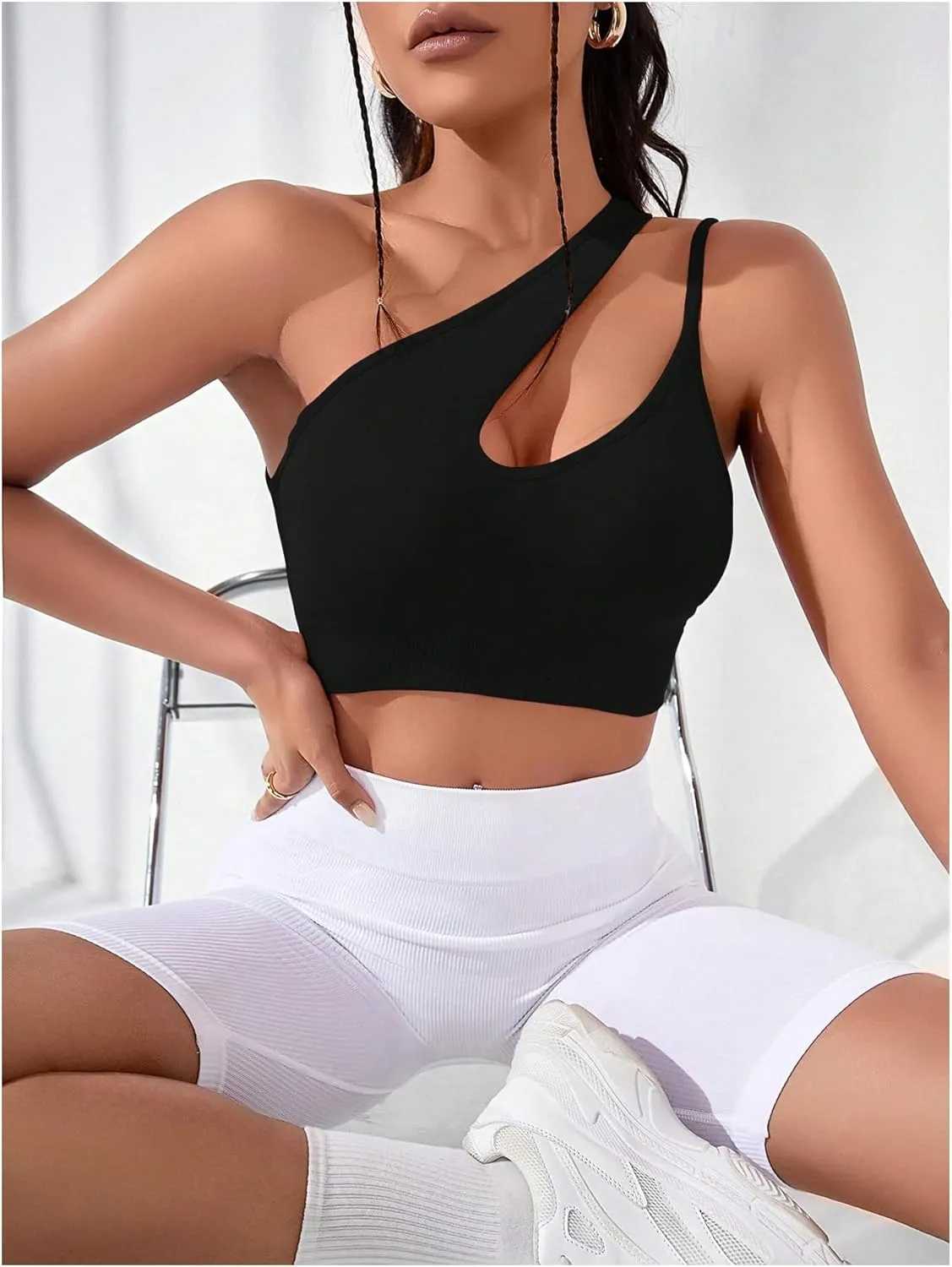 Milumia Women's One Shoulder Cut Out Crop Top Asymmetrical Gym Sports Cami Tops