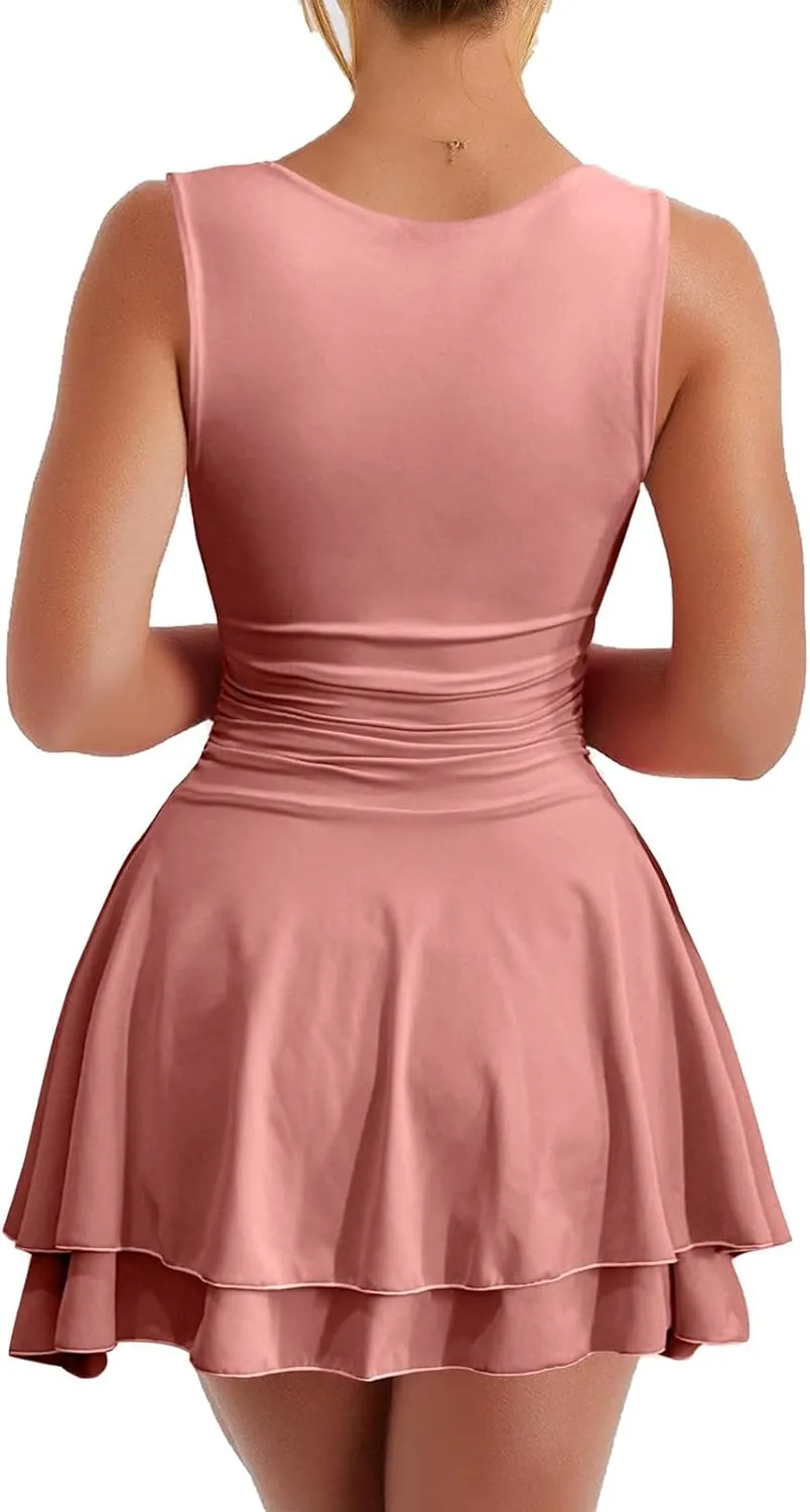 Mini Dresses for Women Sleeveless Squared Neck Dress Ruffle Waist Sundress Summer Beach Vacation Sundress 2025