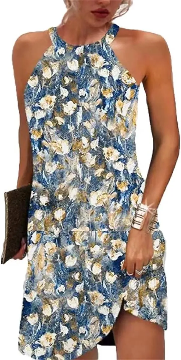 MOLERFO Halter Dresses for Women 2024 Casual Floral Print Summer Dresses Hollow Out A-line Sundresses for Beach Vacation (Blue Oil Painting,X-Large)