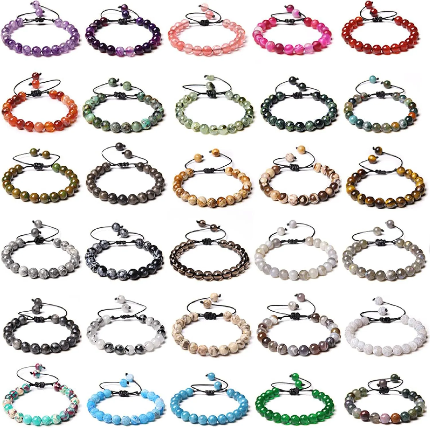 Multicolor Women Men Natural 8mm Stone Beads Charm Braid Bracelet Adjustable Amethysts Agates Stone Beads Woven Bracelet,26.Map Jasper