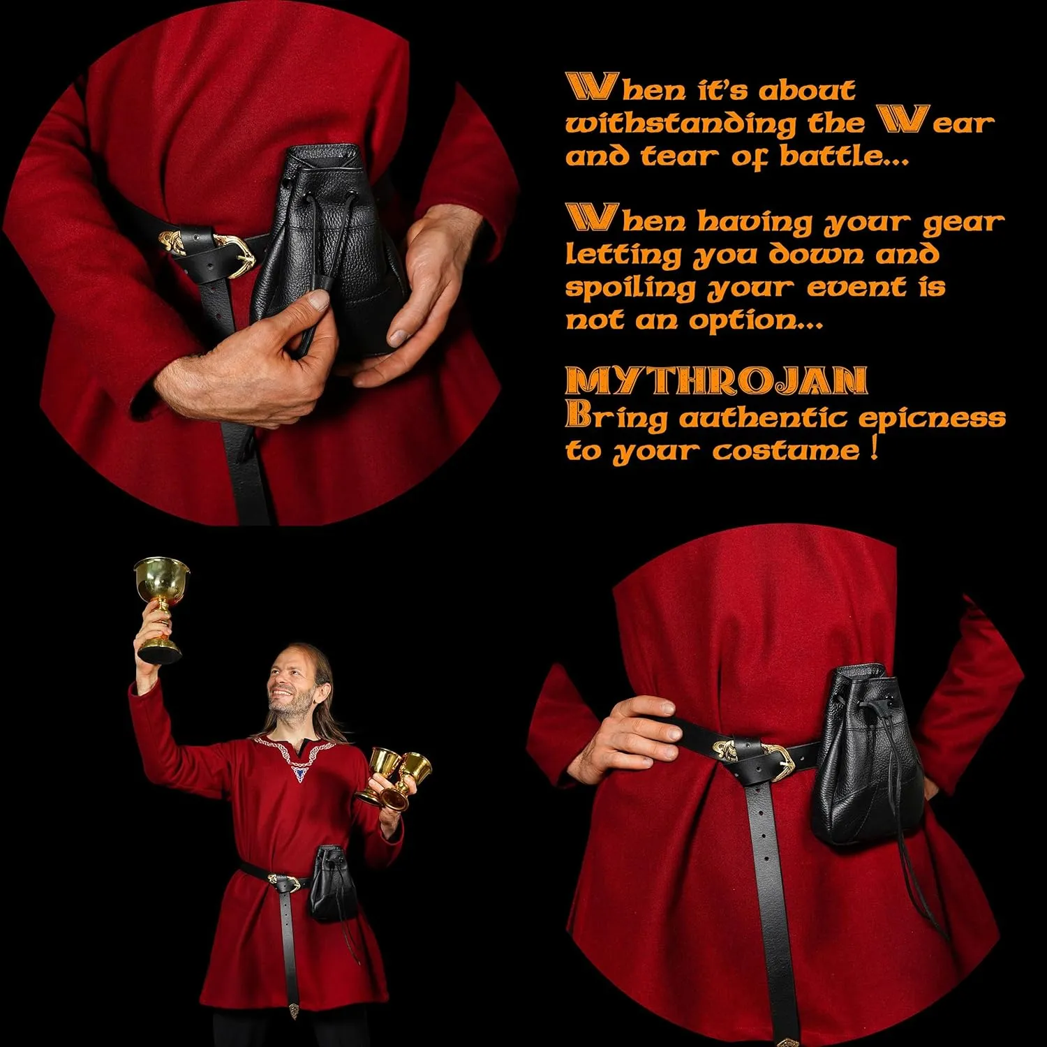Mythrojan Medieval Drawstring Bag, Ideal for SCA LARP Reenactment & Ren fair-Full Grain Leather