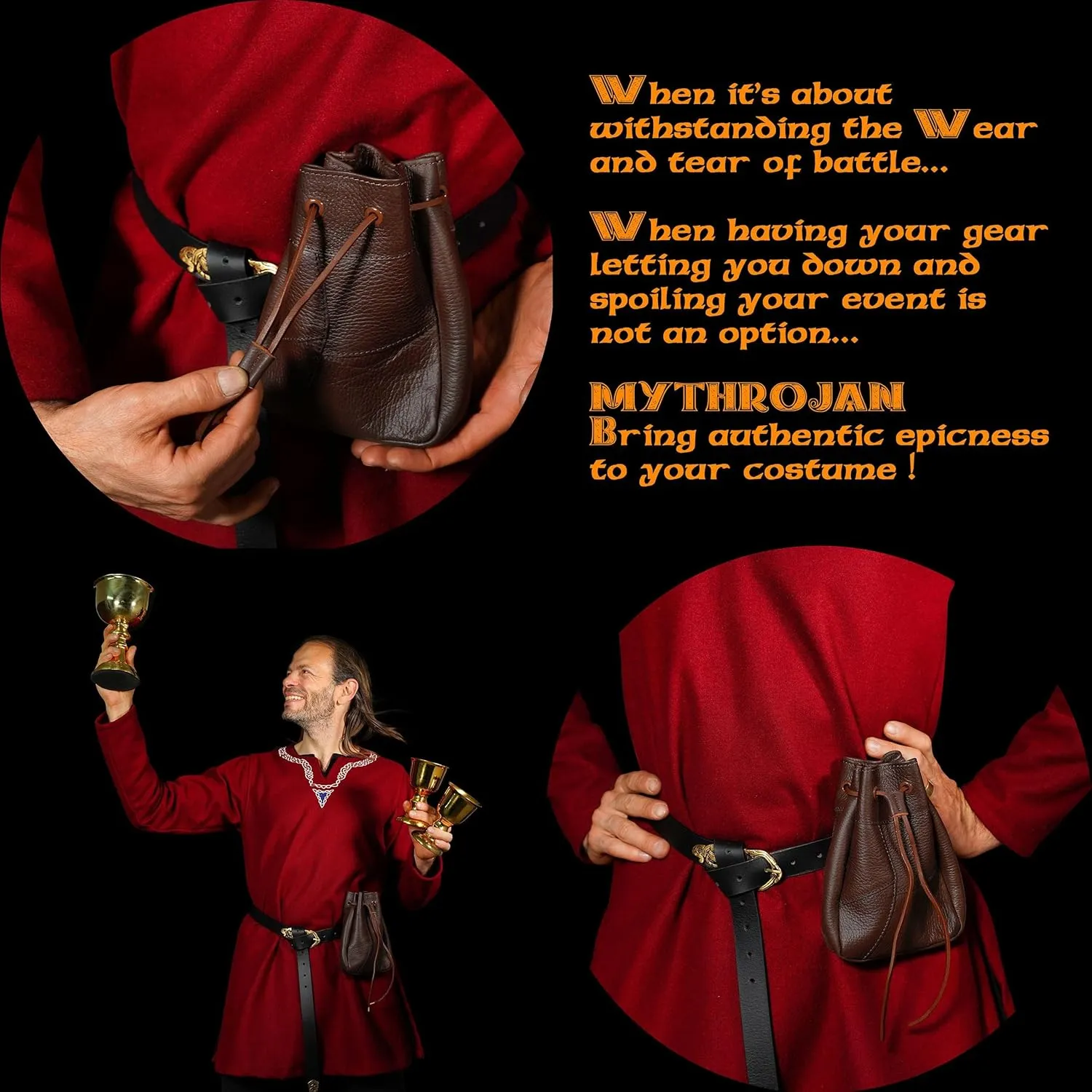 Mythrojan Medieval Drawstring Bag, Ideal for SCA LARP Reenactment & Ren fair-Full Grain Leather