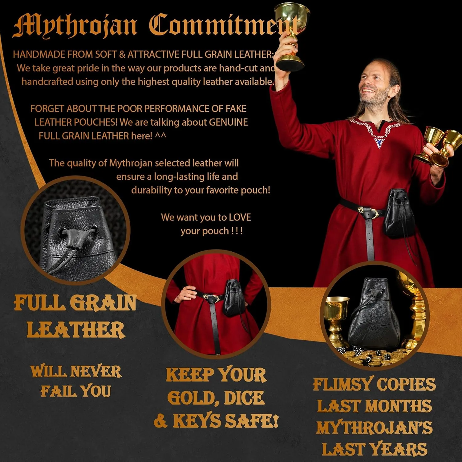 Mythrojan Medieval Drawstring Bag, Ideal for SCA LARP Reenactment & Ren fair-Full Grain Leather