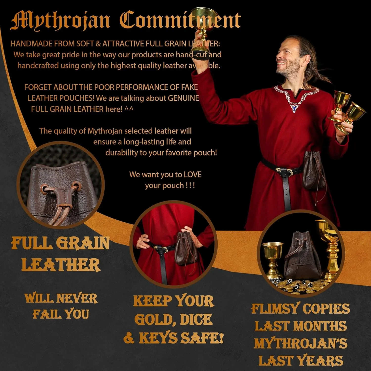Mythrojan Medieval Drawstring Bag, Ideal for SCA LARP Reenactment & Ren fair-Full Grain Leather