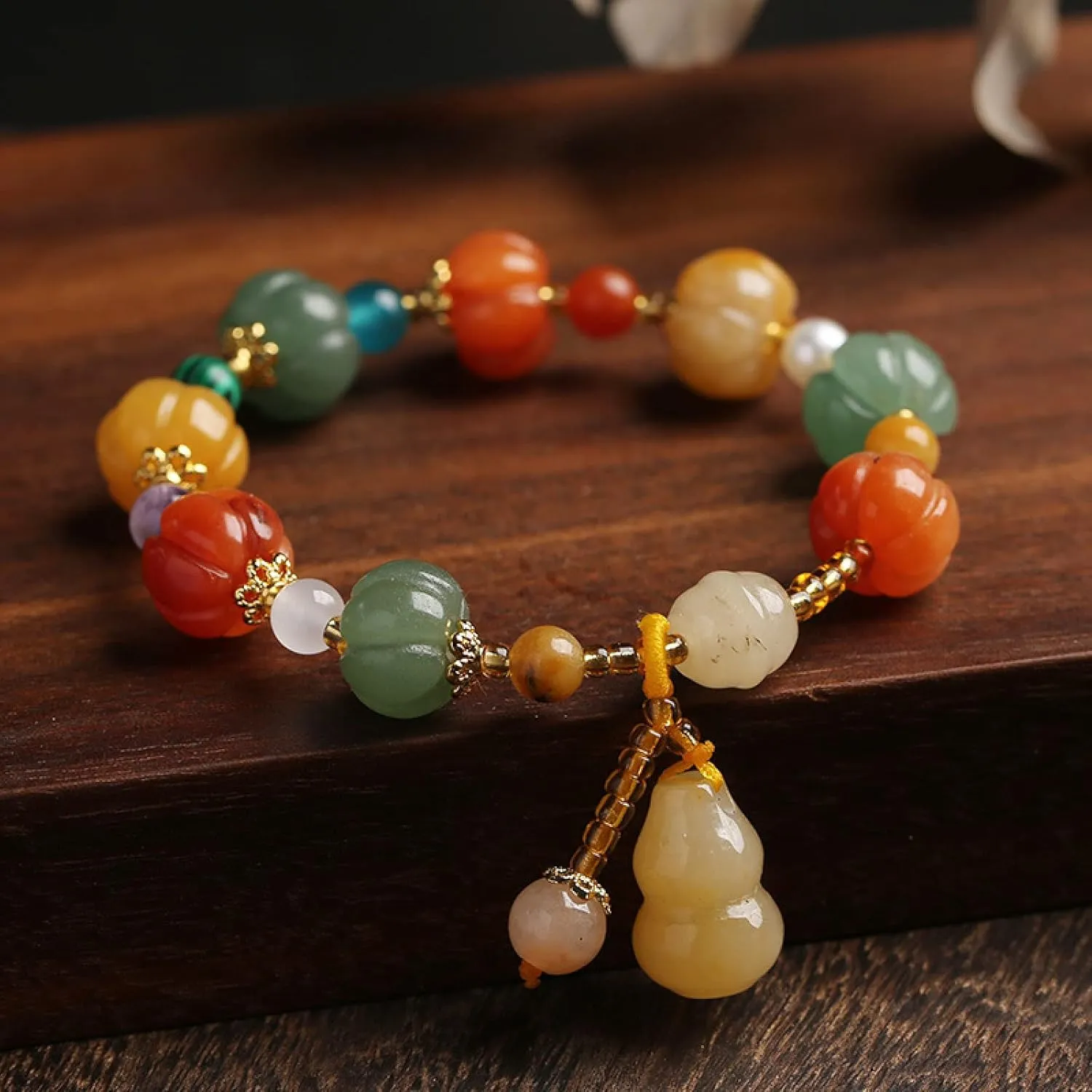 Natural Gold Jade Pumpkin Beads Beaded Bracelets for Women Lady Gourd Pendant Handmade Bracelet Fine Jewelry
