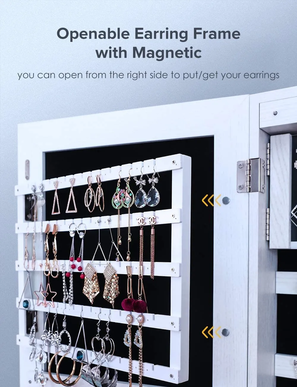Nicetree 6 LEDs Jewelry Armoire Organizer, Wall/Door Mounted Jewelry Cabinet with Full Length Mirror Larger Capacity, Dressing Mirror, White