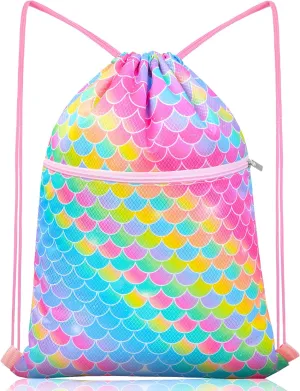 Nidoul Drawstring Backpack Kids Girls Drawstring Bags Draw String Back Bag Cinch Bag for Dance Sports Gym Travel Swim Beach Pool, Mermaid