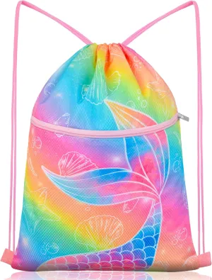 Nidoul Drawstring Backpack Kids Girls Drawstring Bags Draw String Back Bag Cinch Bag for Dance Sports Gym Travel Swim Beach Pool, Mermaid