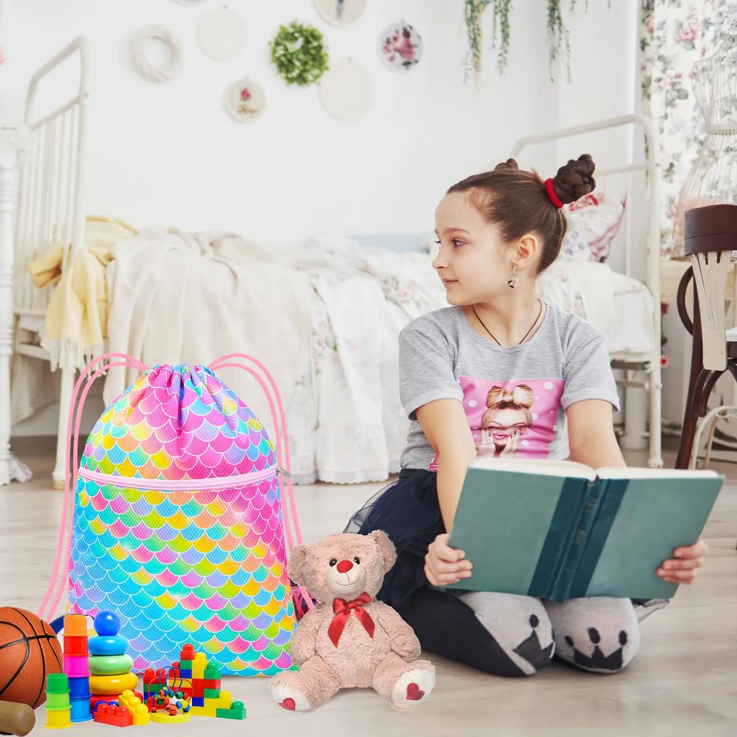 Nidoul Drawstring Backpack Kids Girls Drawstring Bags Draw String Back Bag Cinch Bag for Dance Sports Gym Travel Swim Beach Pool, Mermaid