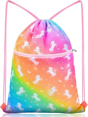 Nidoul Drawstring Backpack Kids Girls Drawstring Bags Draw String Back Bag Cinch Bag for Dance Sports Gym Travel Swim Beach Pool, Unicorn