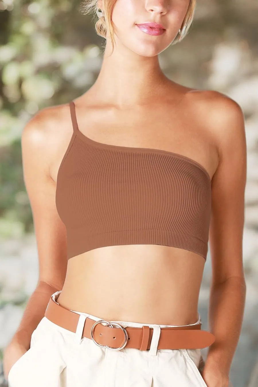 NIKIBIKI Women Seamless One Shoulder Ribbed Bralette, Made in U.S.A, One Size