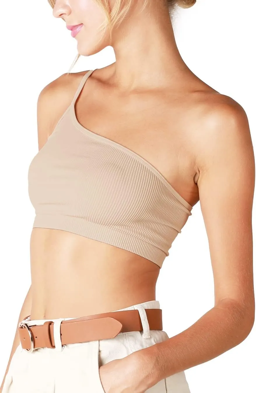 NIKIBIKI Women Seamless One Shoulder Ribbed Bralette, Made in U.S.A, One Size