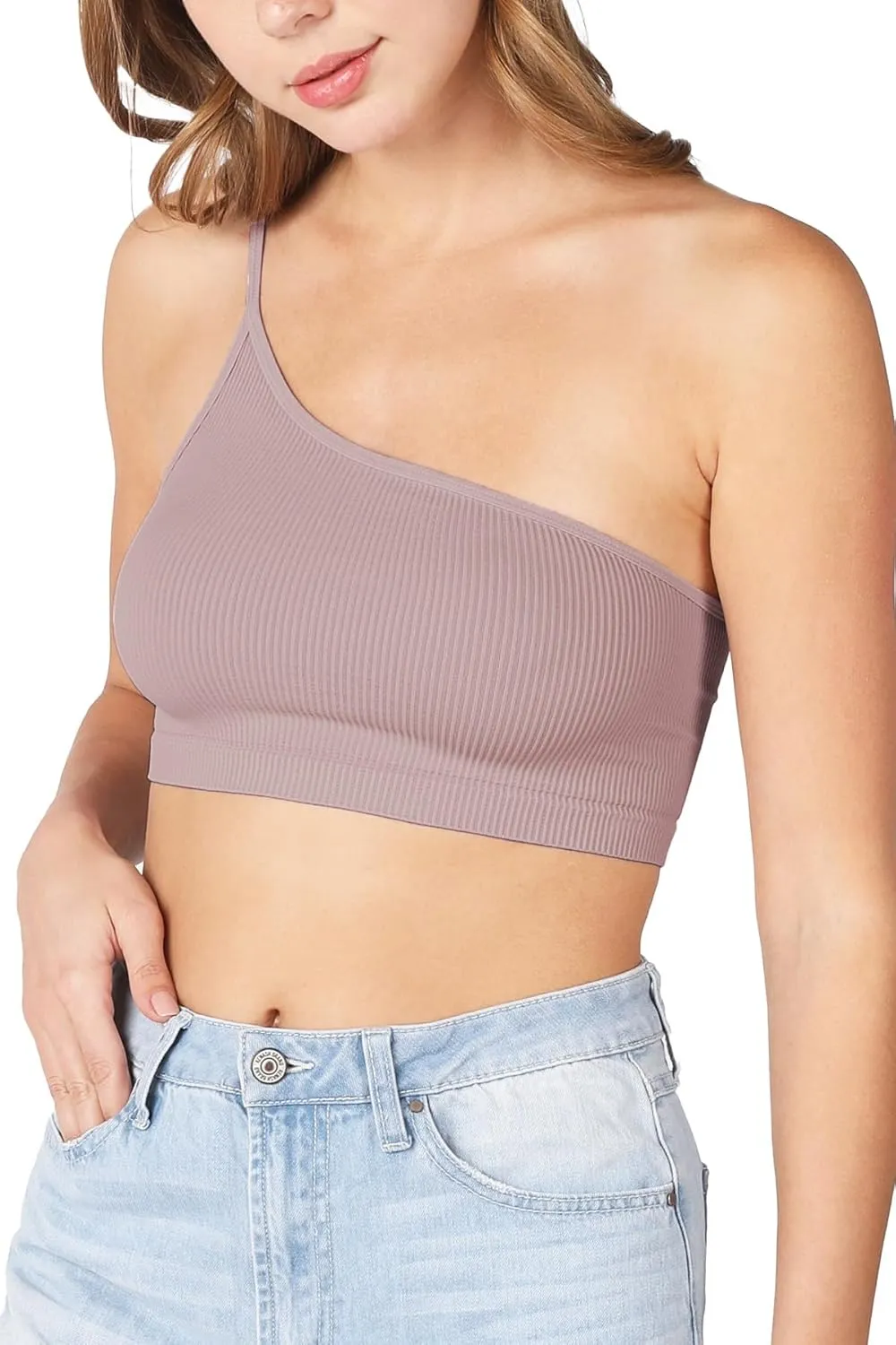 NIKIBIKI Women Seamless One Shoulder Ribbed Bralette, Made in U.S.A, One Size