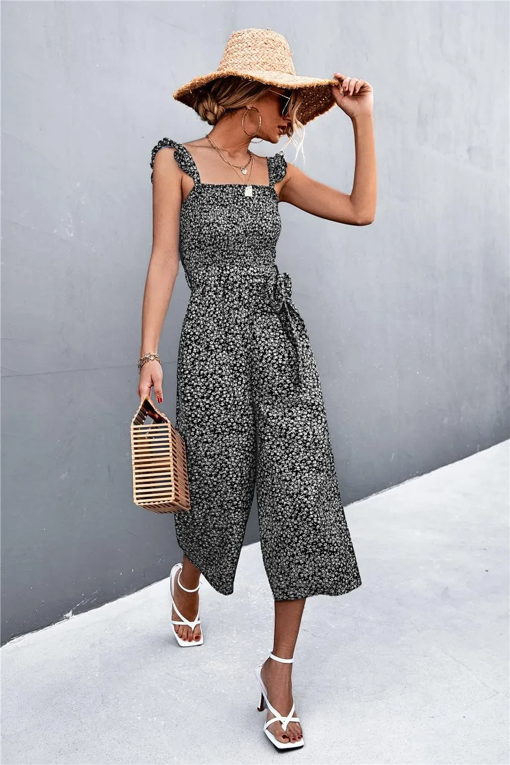 NOMSOCR Women's Summer Casual Floral Print Jumpsuits Straps Waistband Wide Leg Jumpsuits Romper