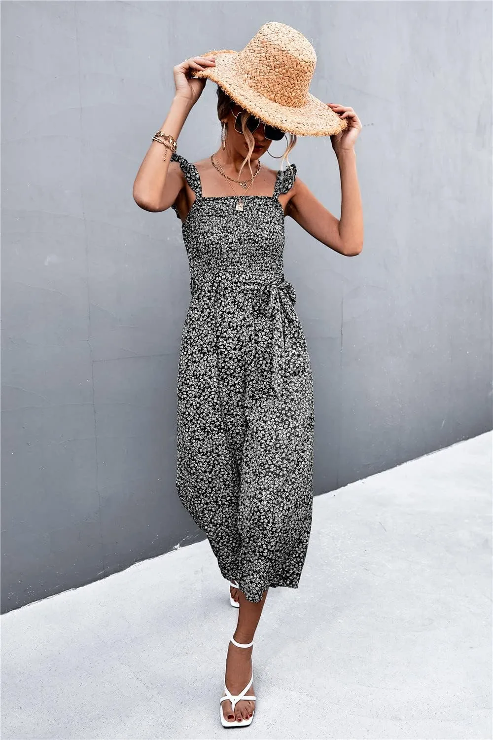 NOMSOCR Women's Summer Casual Floral Print Jumpsuits Straps Waistband Wide Leg Jumpsuits Romper