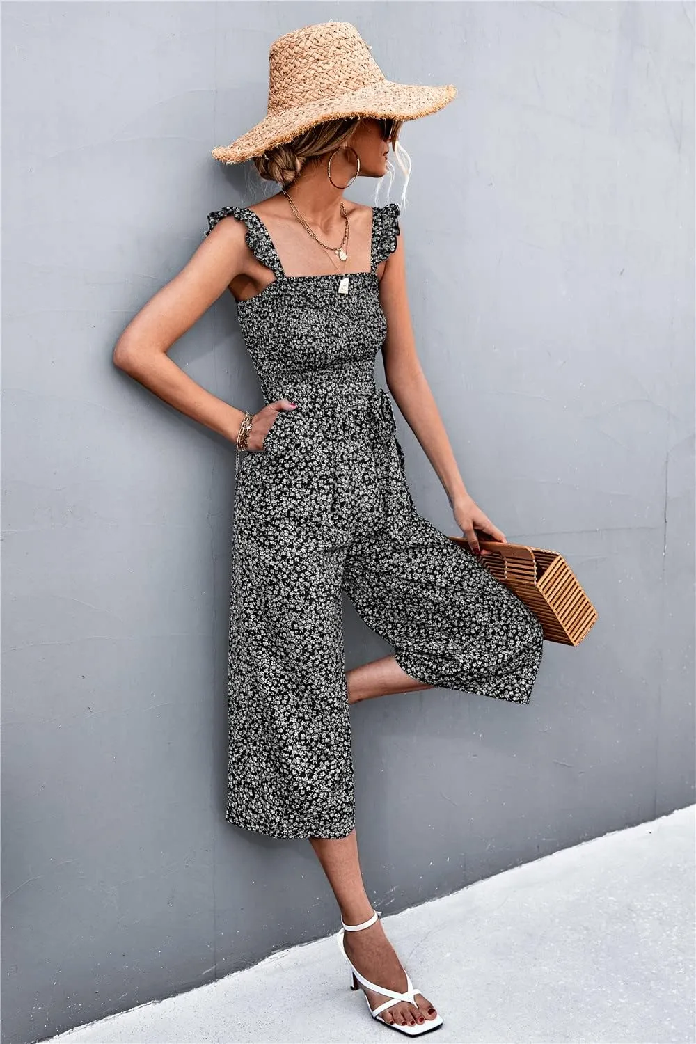 NOMSOCR Women's Summer Casual Floral Print Jumpsuits Straps Waistband Wide Leg Jumpsuits Romper