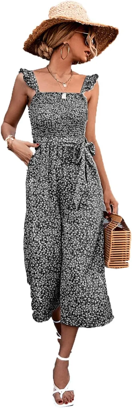 NOMSOCR Women's Summer Casual Floral Print Jumpsuits Straps Waistband Wide Leg Jumpsuits Romper