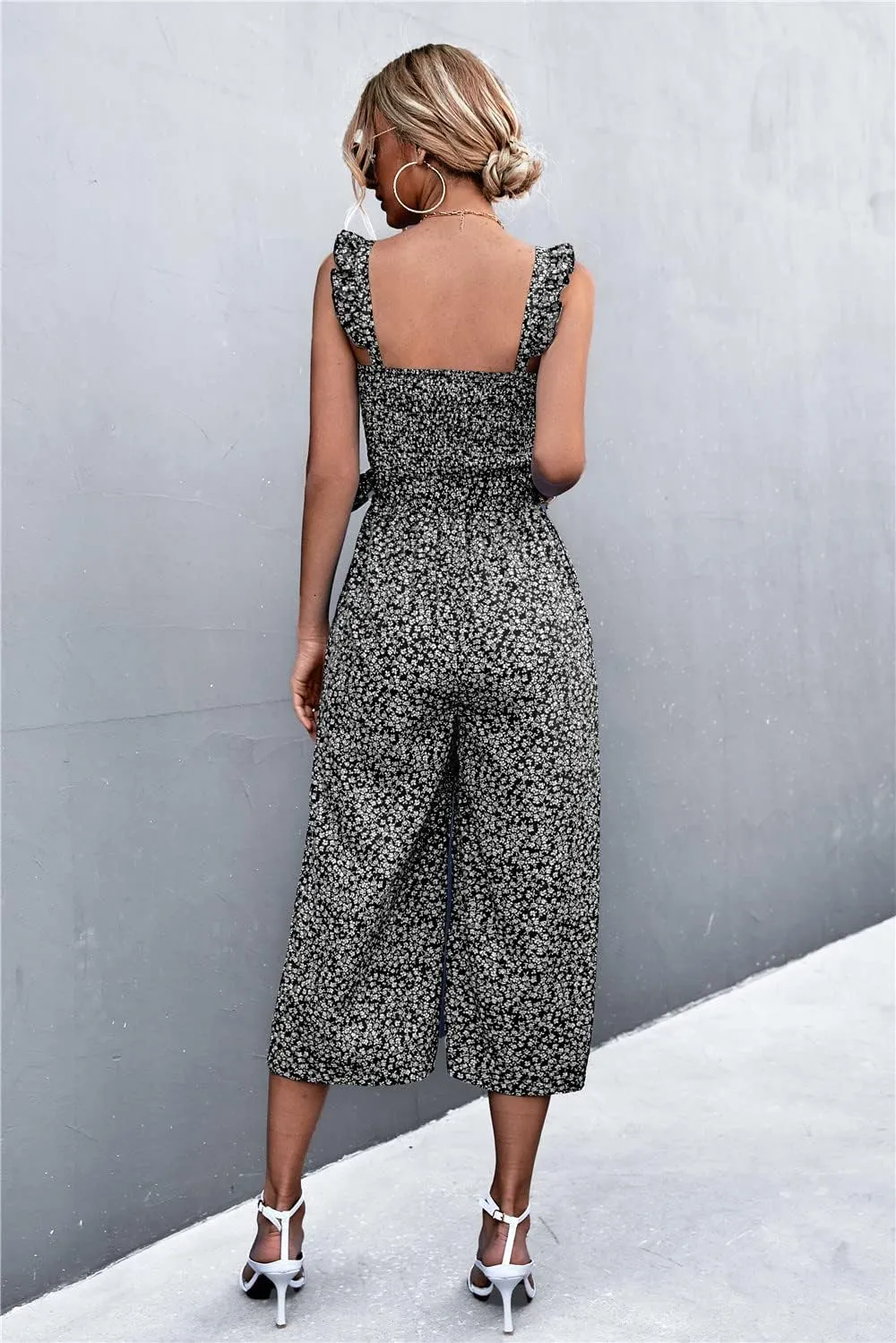 NOMSOCR Women's Summer Casual Floral Print Jumpsuits Straps Waistband Wide Leg Jumpsuits Romper