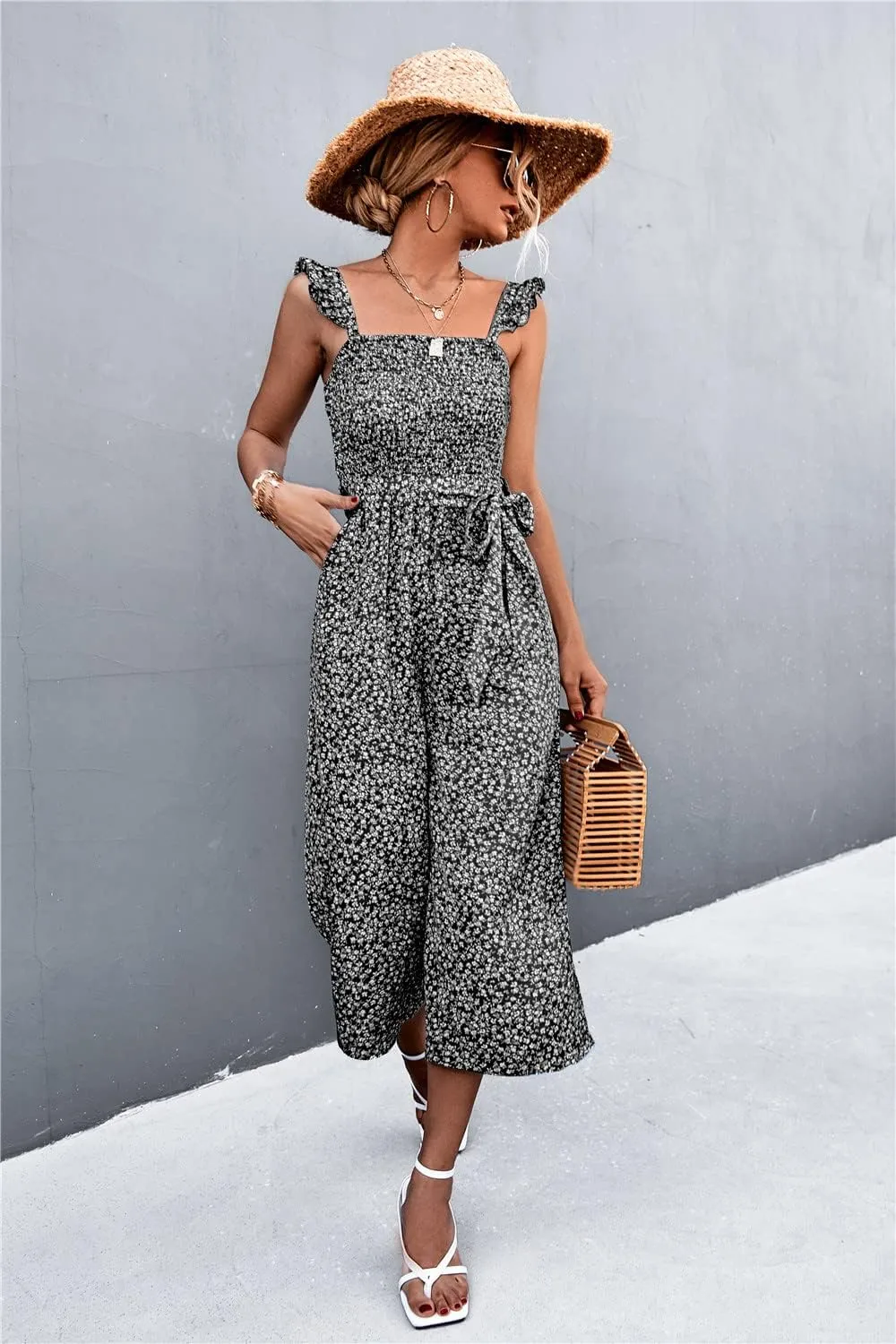 NOMSOCR Women's Summer Casual Floral Print Jumpsuits Straps Waistband Wide Leg Jumpsuits Romper