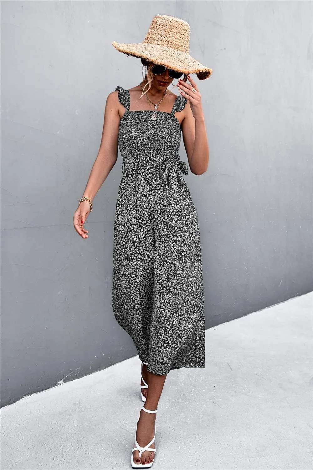 NOMSOCR Women's Summer Casual Floral Print Jumpsuits Straps Waistband Wide Leg Jumpsuits Romper