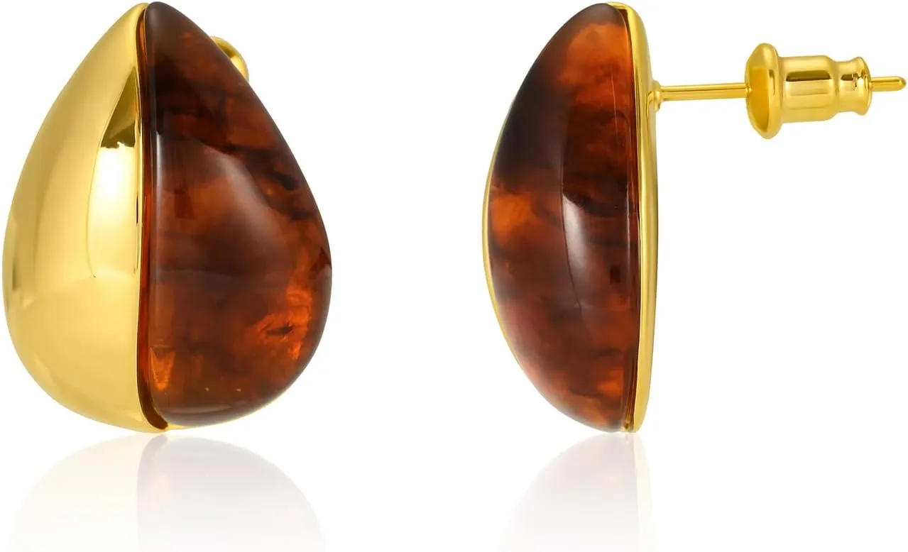 Nut Shape Resin Earrings for Women,18K Gold Plated Chunky Acrylic Resin Studs, Hypoallergenic Jewelry,18K Gold Plated Nut Shape Resin Drop Earrings