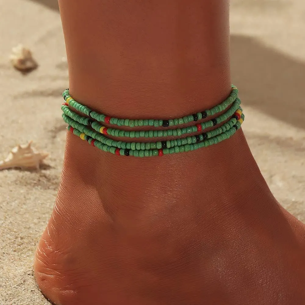 Octwine Bohemia Beaded African Multicolor Rainbow Anklets Bracelets Glass Bead Anklet Bracelet Elastic Foot and Hand Chain Summer Foot Anklets for Women