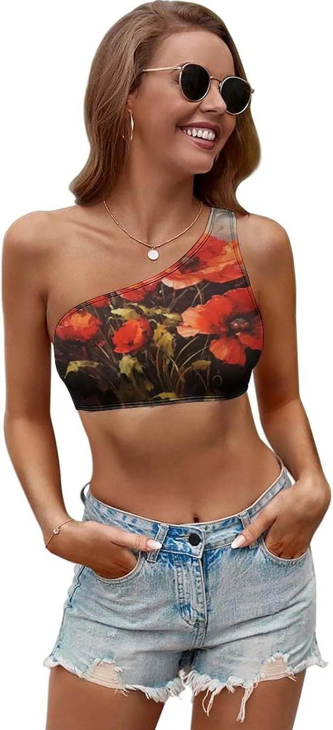 Oil Painting Red Flower Seamless One Shoulder Sports Bra Asymmetrical Sports One Shoulder Bra for Women