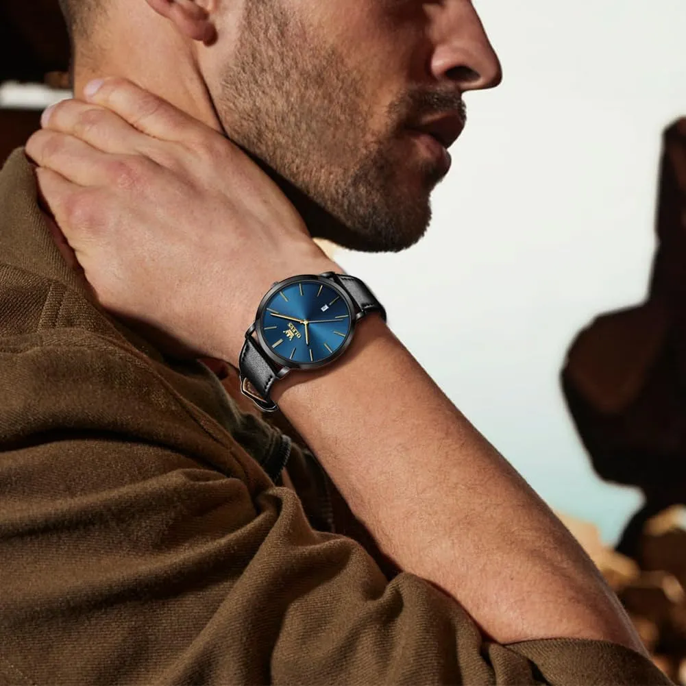 OLEVS Mens Watches Mens Leather Watch Ultra Thin Watches for Men Minimalist Watch with Leather Band Quartz Analog Dress Casual Simple Lightweight relojes para Hombres