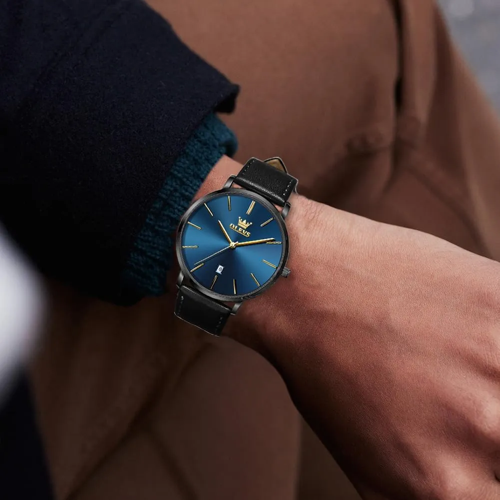 OLEVS Mens Watches Mens Leather Watch Ultra Thin Watches for Men Minimalist Watch with Leather Band Quartz Analog Dress Casual Simple Lightweight relojes para Hombres
