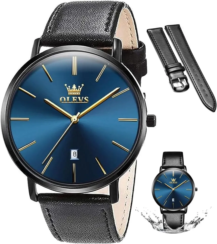 OLEVS Mens Watches Mens Leather Watch Ultra Thin Watches for Men Minimalist Watch with Leather Band Quartz Analog Dress Casual Simple Lightweight relojes para Hombres