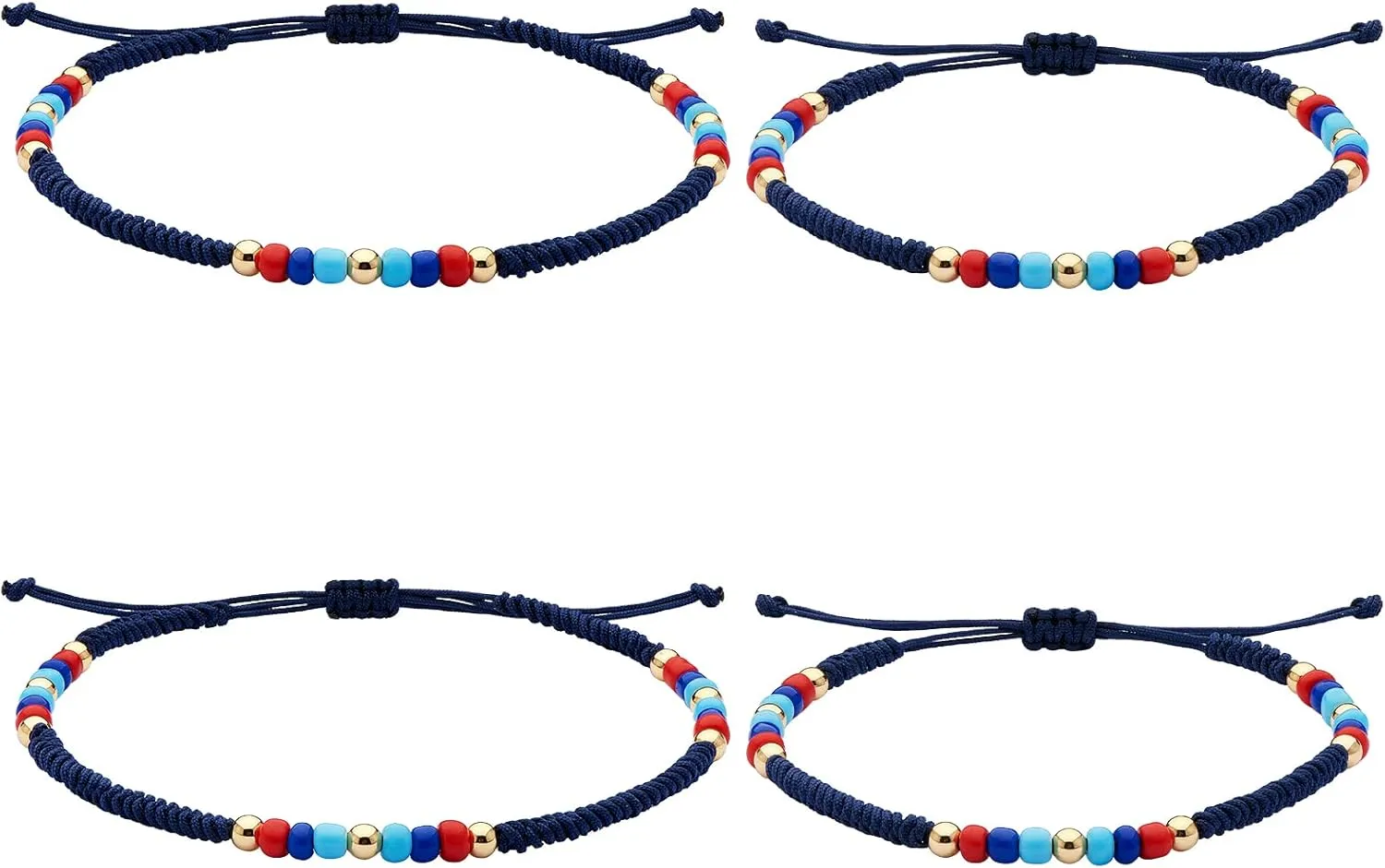 Ornaland 4Pcs Glass Seed Bead Braided Bracelets Anklets Set Adjustable Handmade Bracelet with Brass Beads Friendship Jewelry for Women Gift, Navy Blue